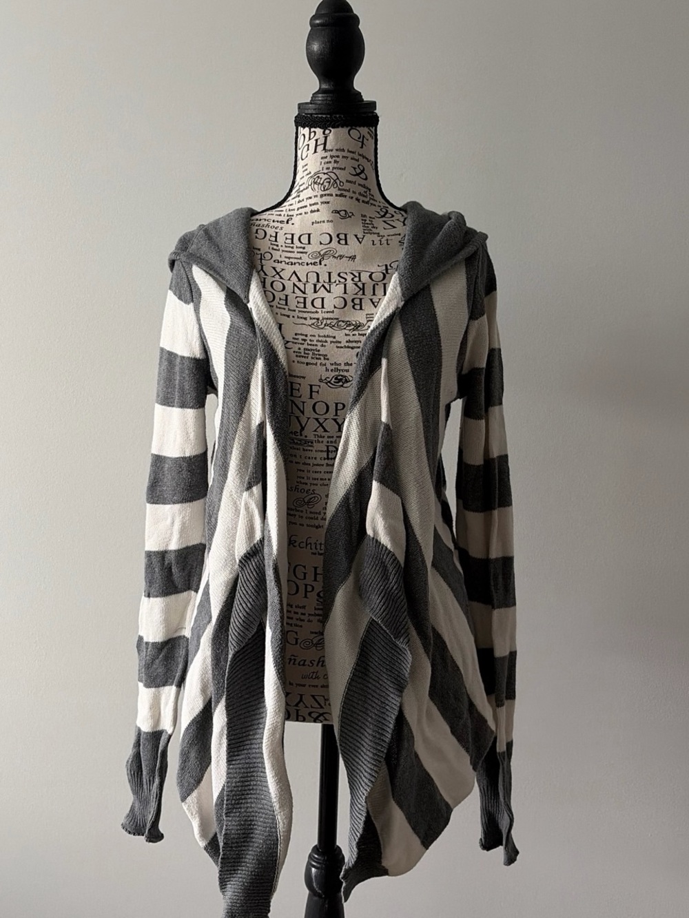 Express Hooded Open-Front Striped Cardigan - Gray & Cream